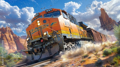A train is traveling through a desert with a mountain in the background