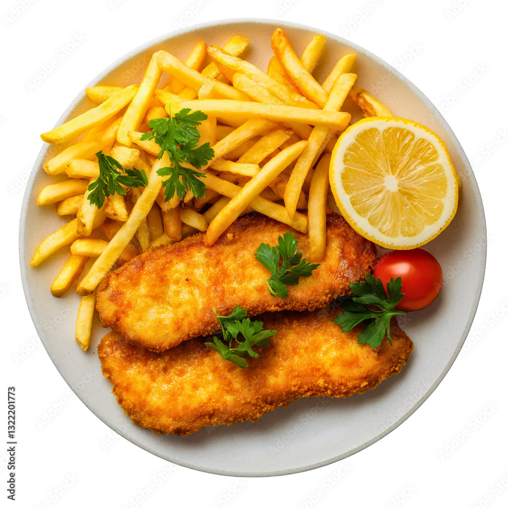 Delicious Fried Chicken and Wiener Schnitzel Meal on Plate Top View Delicious Fried Chicken and Wiener Schnitzel Meal on Plate Top View
