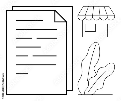 Stack of documents with text lines, a small storefront icon, and a leafy plant. Ideal for contracts, business terms, retail services, agreements, small business concepts, formal paperwork flat
