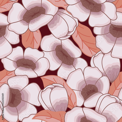 Stylized Flowers in Lavender and Mauves with Coral Orange Leaves on Dark background creating a seamless pattern print background
