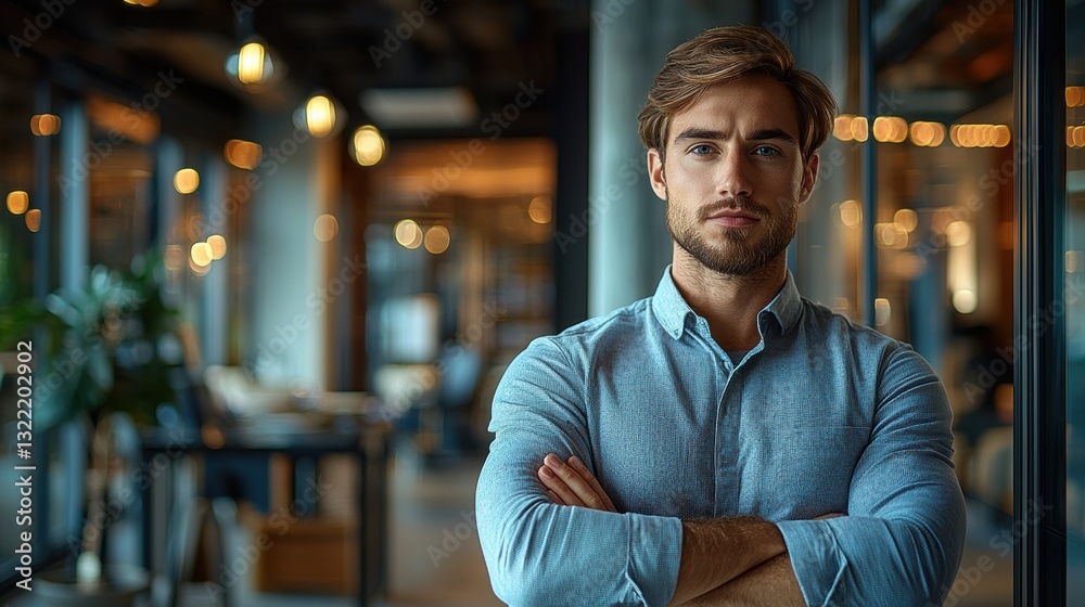 Fototapeta premium A man stands in a room with his arms crossed, looking at the camera