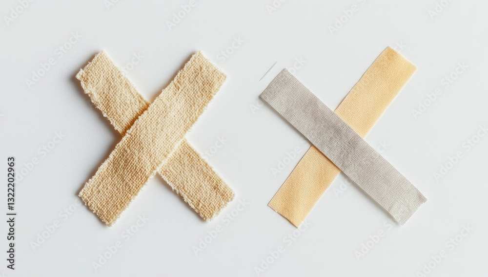 Two crossed adhesive strips in cream and muted colors Two crossed adhesive strips in cream and muted colors