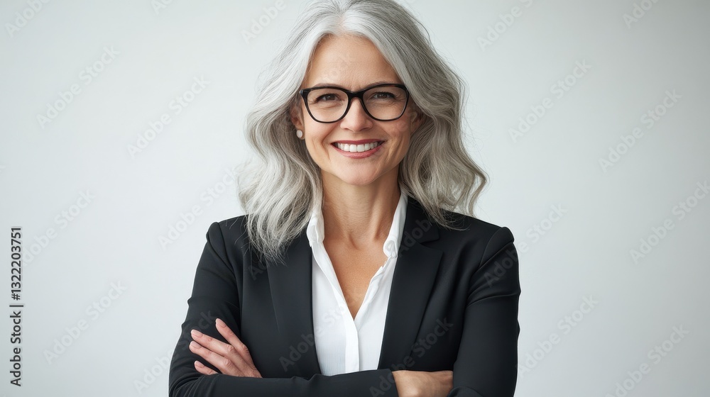 Smiling confident middle aged business woman standing isolated on white background. Old senior businesswoman, 60s grey haired lady professional female manager, leader looking at camera, copy space.