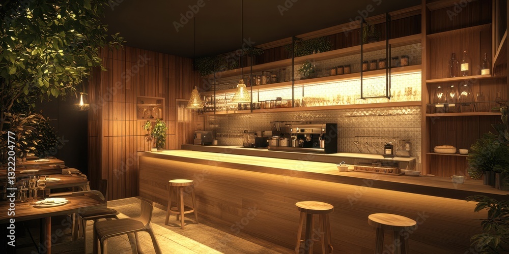 Obraz premium A cozy cafe with wooden interior and green accents visible