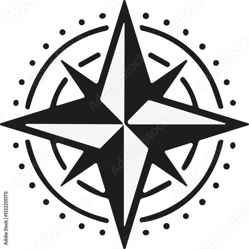 Compass icon. Monochrome navigational compass with cardinal directions of North, East, South, West. Geographical position, cartography and navigation. Vector