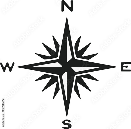 Compass icon. Monochrome navigational compass with cardinal directions of North, East, South, West. Geographical position, cartography and navigation. Vector
