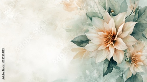 Delicate watercolor painting shows elegant floral blossoms and green leaves