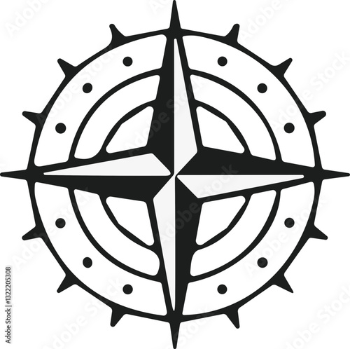 Compass icon. Monochrome navigational compass with cardinal directions of North, East, South, West. Geographical position, cartography and navigation. Vector