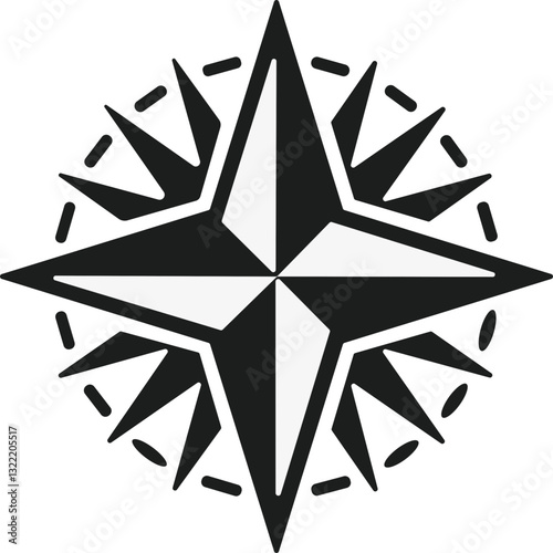 Compass icon. Monochrome navigational compass with cardinal directions of North, East, South, West. Geographical position, cartography and navigation. Vector