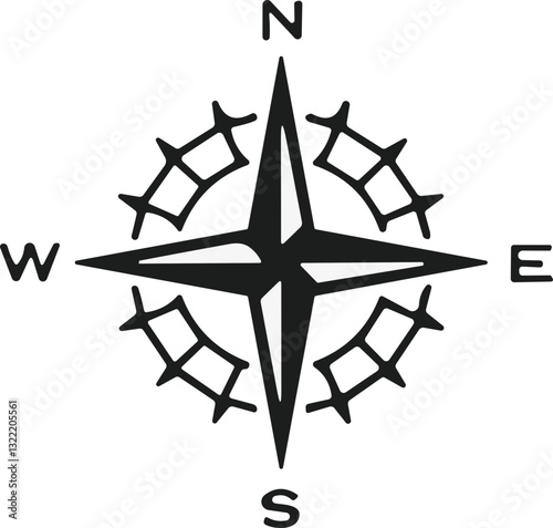 Compass icon. Monochrome navigational compass with cardinal directions of North, East, South, West. Geographical position, cartography and navigation. Vector