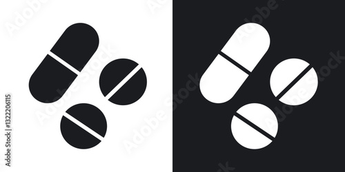 Painkiller pills icons in solid black and white collection