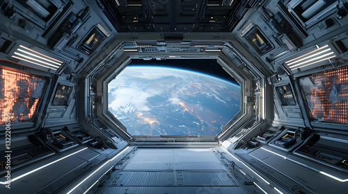 Fototapeta Naklejka Na Ścianę i Meble -  Inside A Futuristic Spacecraft With View of Planet Earth From Large Window During Space Travel