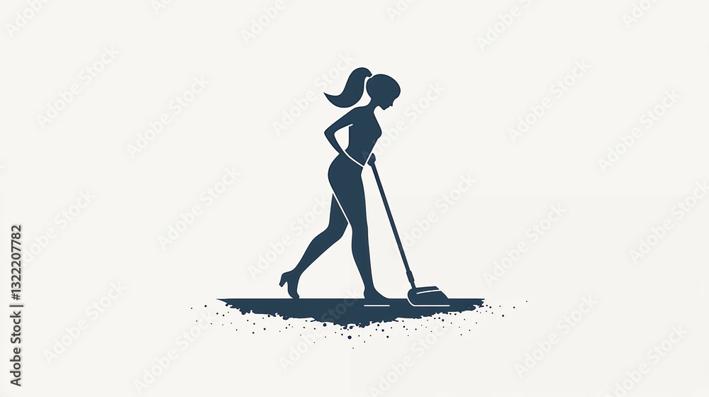 Fototapeta premium silhouette of a woman with vacuum cleaner isolated on white background. An image of a cute cheerful housewife doing household, logo