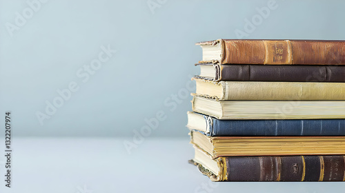 Stack of Vintage Books With Worn Covers on Gray Background in Soft Lighting