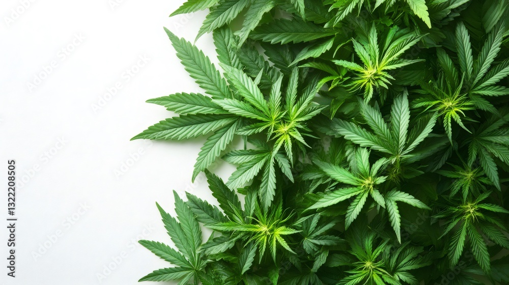 Fresh cannabis leaves arranged on white background creating copy space Fresh cannabis leaves arranged on white background creating copy space