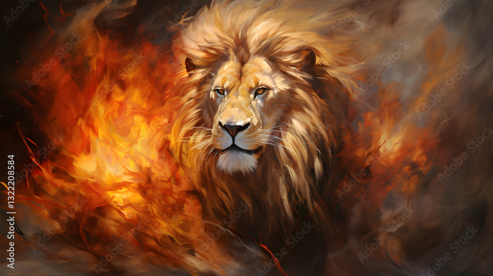 Naklejka premium A lion is in the center of a painting with flames surrounding it