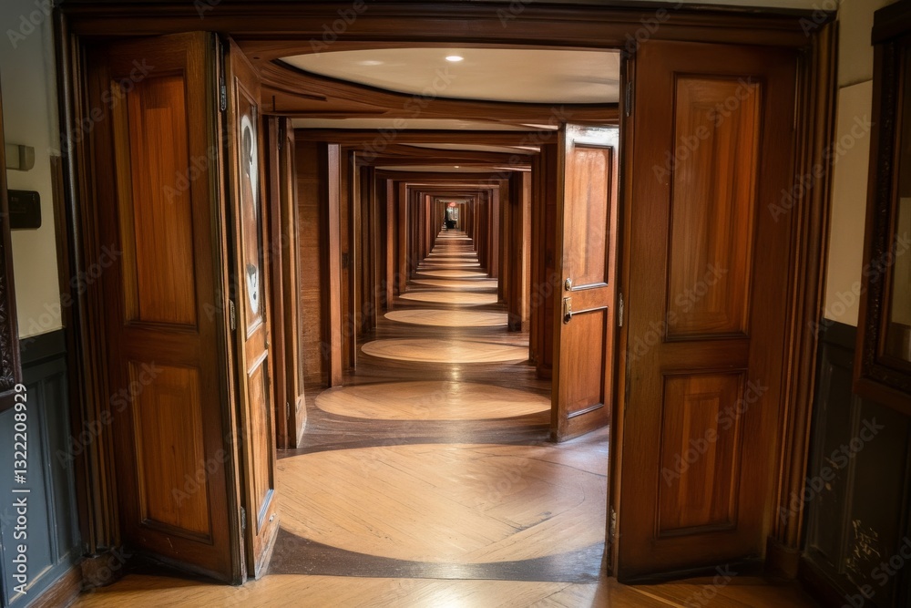Fototapeta premium Endless wooden hallway with open doors creating optical illusion