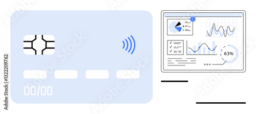 Contactless payment card beside a digital dashboard showing charts, graphs, and analytics. Ideal for fintech, payments, technology, analysis, data visualization banking e-commerce. Flat simple