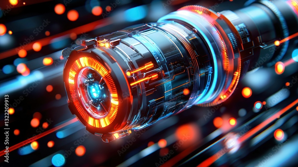 Futuristic cylinder structure with glowing orange and blue details, on dark background Futuristic cylinder structure with glowing orange and blue details, on dark background