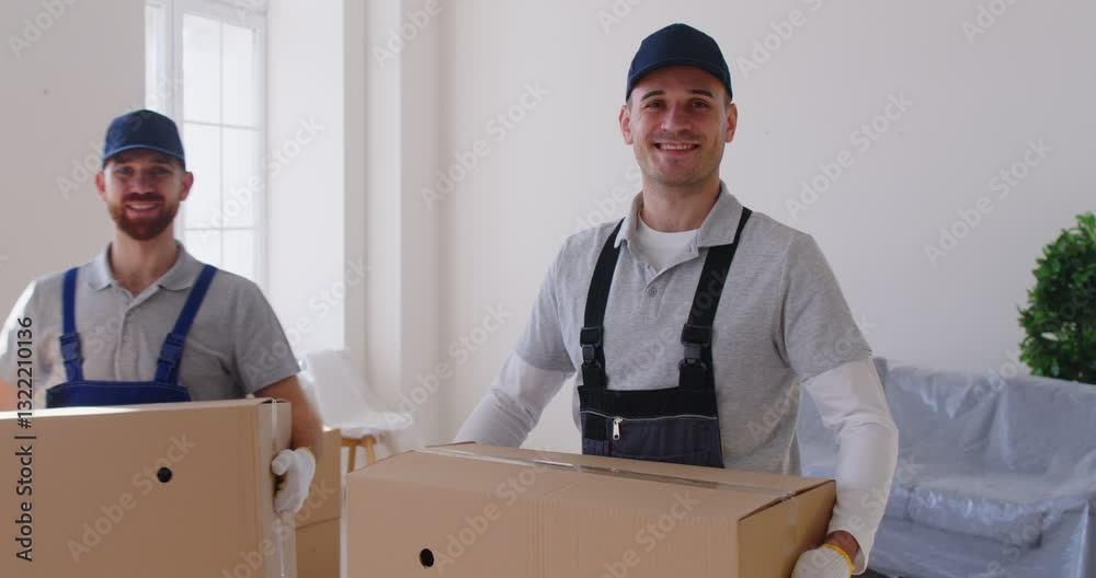 Two moving service workers are transporting cardboard boxes from bright apartments. Loaders, dressed in work attire, are smiling as they carry boxes, suggesting cooperative and efficient atmosphere. Two moving service workers are transporting cardboard boxes from bright apartments. Loaders, dressed in work attire, are smiling as they carry boxes, suggesting cooperative and efficient atmosphere.