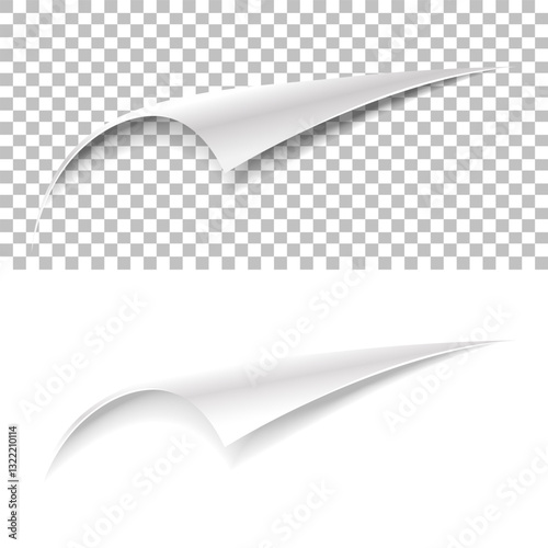 Curly paper page corners, vector sticker fold edges. Realistic paper corne curls on transparent and white backgrounds with shadow.	
