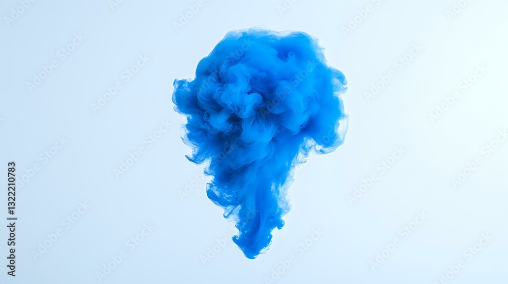 Fototapeta premium Blue ink swirling in water creates ethereal abstract cloud formation against light background, capturing dynamic fluid motion in vibrant cyan tones.