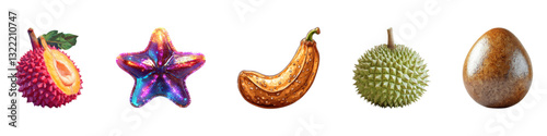 Exotic fruits and sea star variety set isolated on transparent background