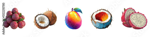 Exotic fruits featuring lychee, coconut, mango, and dragon fruit set isolated on transparent background