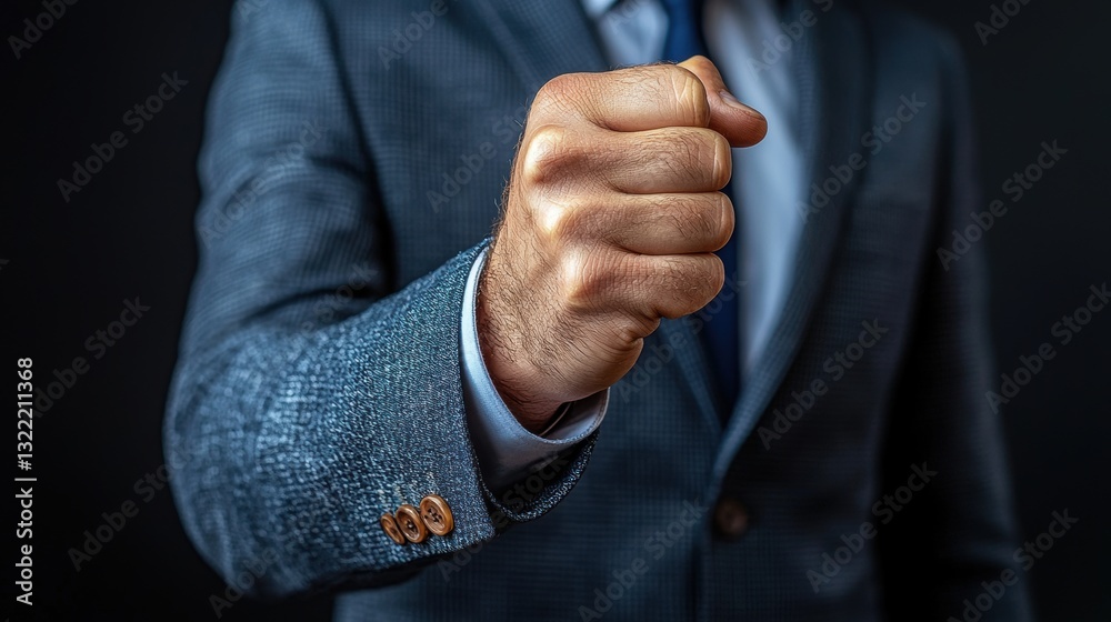 A man in a suit is holding his fist up in the air A man in a suit is holding his fist up in the air