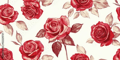 Artistic red roses with their leaves depicted on a white backdrop