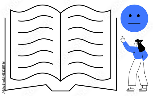 Open book with pages, woman pointing at it, blue neutral face above. Ideal for education, emotion analysis, learning, mental health, knowledge sharing self-improvement study tools. Flat simple