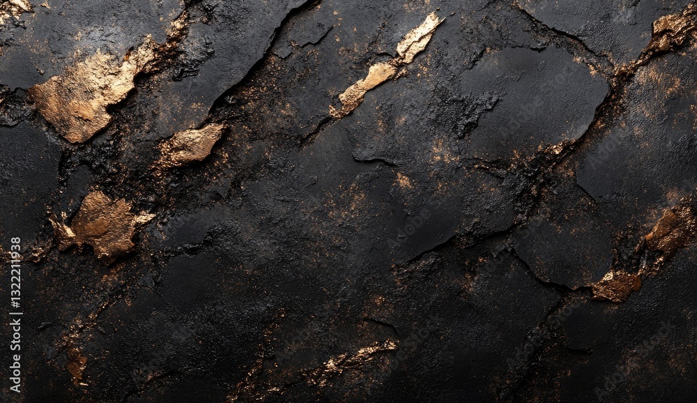 Dark, textured surface with gold flecks. Cracked, rough, and uneven. Rich, dramatic black background, highlights golden details Dark, textured surface with gold flecks. Cracked, rough, and uneven. Rich, dramatic black background, highlights golden details