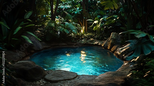 A radiant pool of water glowing softly in the middle of a dense jungle
