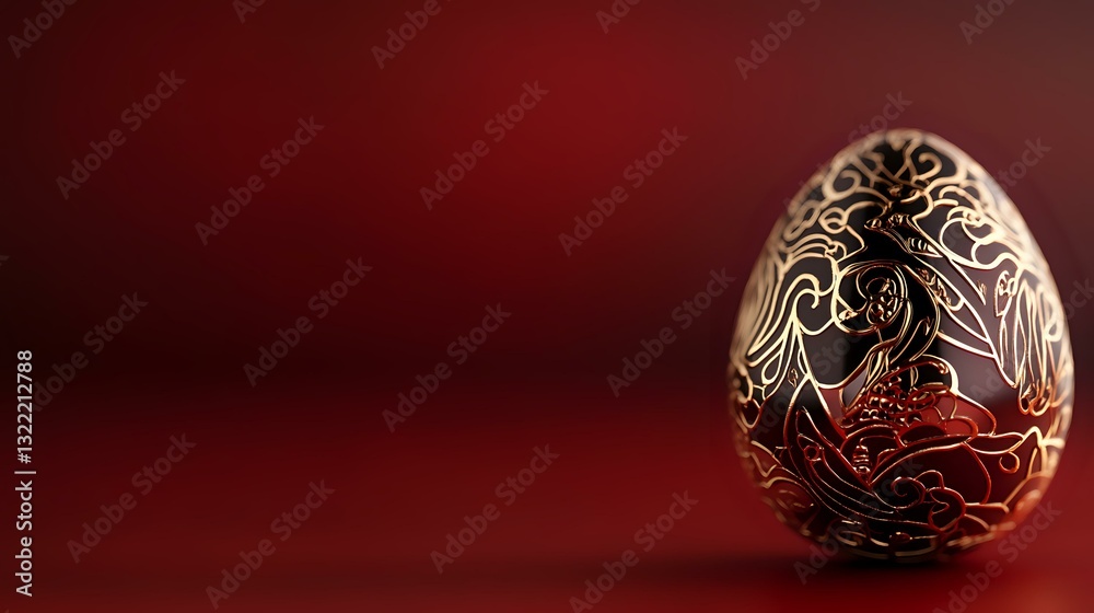 Decorative golden egg with intricate floral pattern and swirls on dark red background. Luxury Easter symbol with ornate etched design creates dramatic mood. Decorative golden egg with intricate floral pattern and swirls on dark red background. Luxury Easter symbol with ornate etched design creates dramatic mood.
