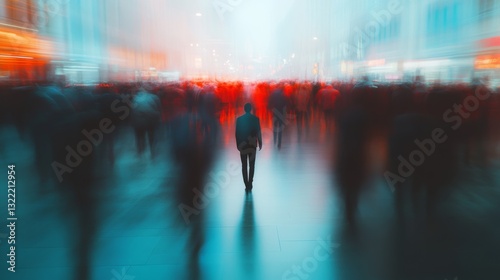 In a bustling urban scene, a lone figure stands still amidst a dynamic blur of fast-moving crowds, capturing the essence of solitude and contemplation.