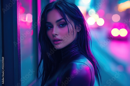 A young woman with long dark hair, wearing a dark turtleneck, stands in a neon-lit city street at night.