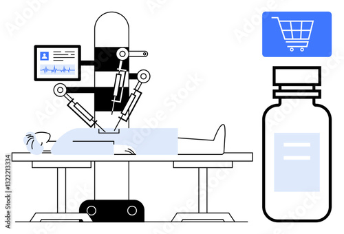Robotic arms operating on patient with health monitor display, medicine bottle, and e-commerce icon. Ideal for healthcare, technology, innovation, medicine, e-commerce, automation digital