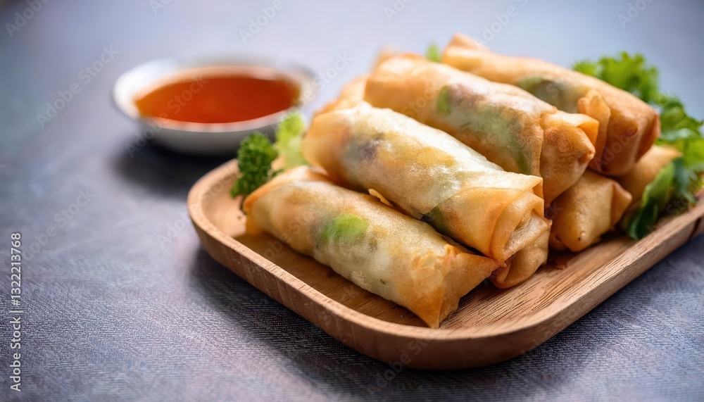 Delicious Spring Roll Amidst Authentic Chinese Ambiance, Vibrant Colors Popping Against a Rustic Wooden Plate, Embracing Rich Textures and Aromas of East Asian Cuisine. Delicious Spring Roll Amidst Authentic Chinese Ambiance, Vibrant Colors Popping Against a Rustic Wooden Plate, Embracing Rich Textures and Aromas of East Asian Cuisine.