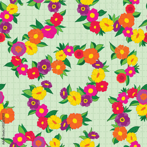 Stylized Flowers in Bright Summer Colors on a Lattice Textured Mint Green background creating a seamless pattern print background