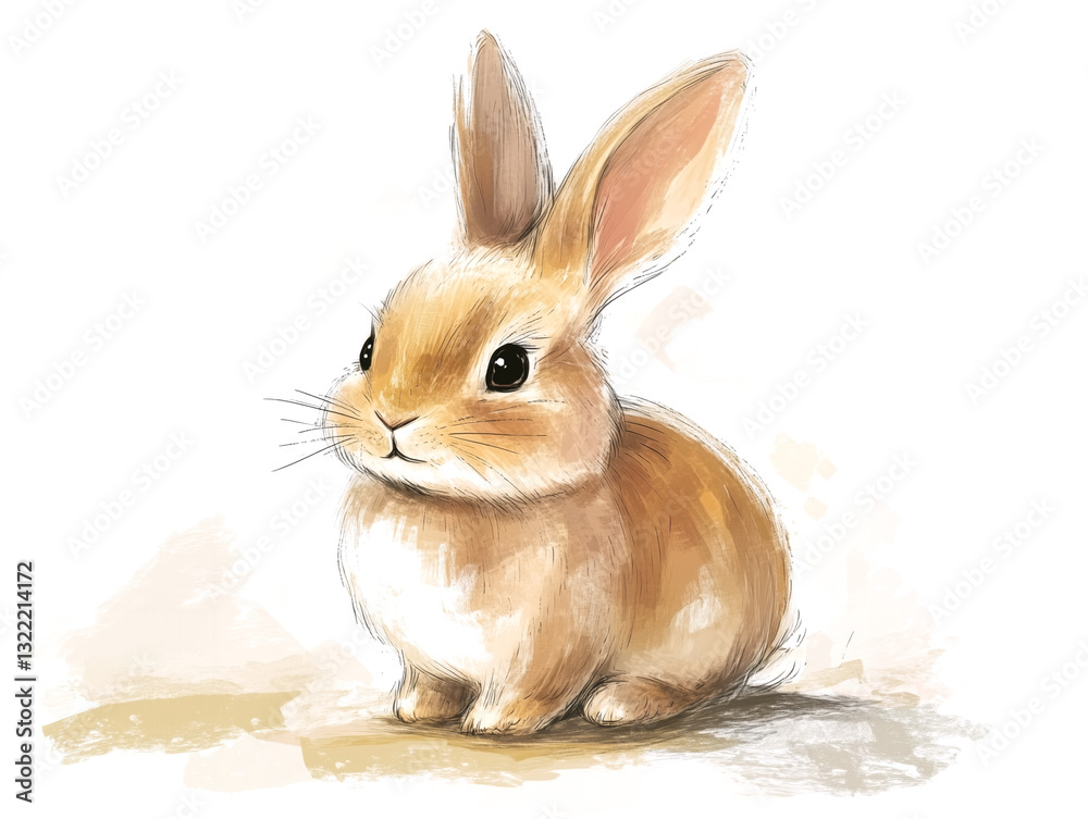 Obraz premium Adorable fluffy bunny sitting on a white background in watercolor style