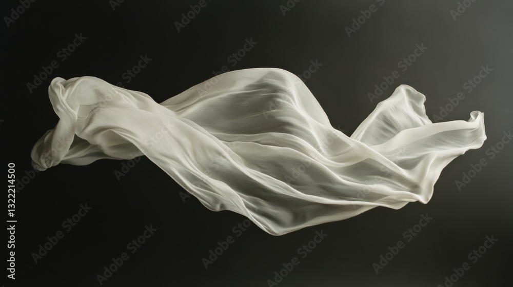 Naklejka premium An ethereal white fabric gracefully winds suspended, set against a dark background, evoking elegance and serene sophistication.