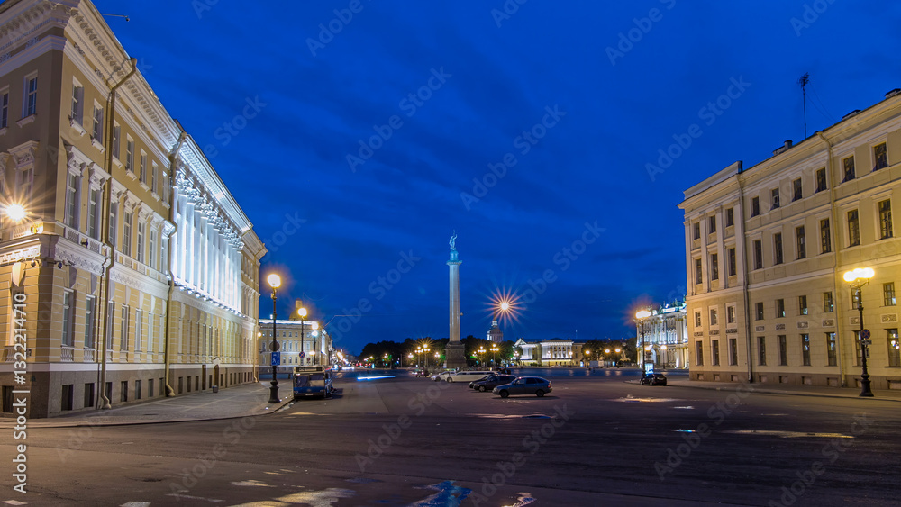 Fototapeta premium Palace Square and Alexander column timelapse hyperlapse in St. Petersburg at night, Russia.