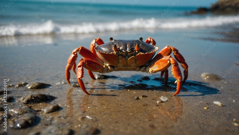 Realistic portrayal of a crab’s shell and claws, highlighting the intricate patterns and textures Realistic portrayal of a crab’s shell and claws, highlighting the intricate patterns and textures