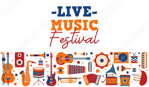 Live music festival - Musical instruments - Illustrations - Set of musical instrument illustrations for festival, concert, or other musical event design - Editable vector - Festive colors
