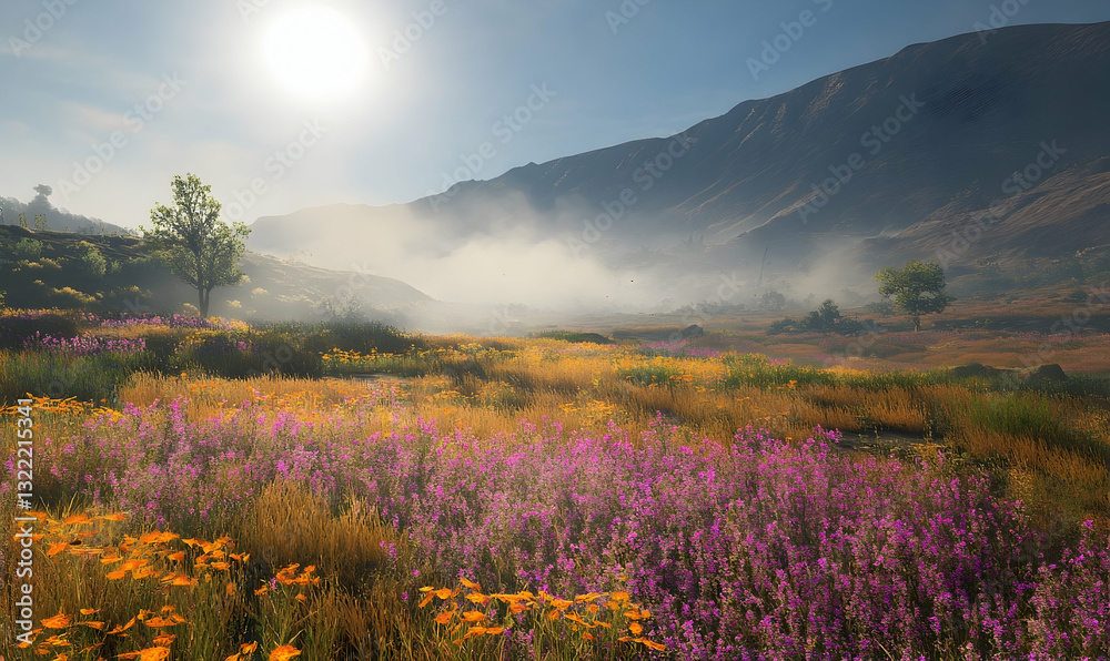 Fototapeta premium Enchanting highland meadow adorned with wildflowers and shrouded in ethereal mist