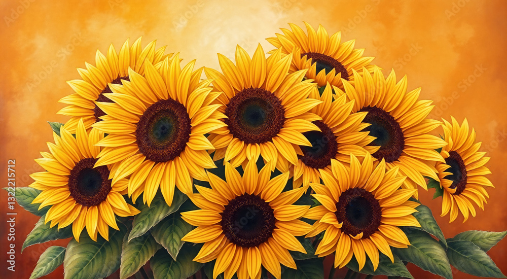 Obraz premium A vibrant bouquet of bright yellow sunflowers against a warm, golden background. The sunflowers are in full bloom, radiating joy and warmth.