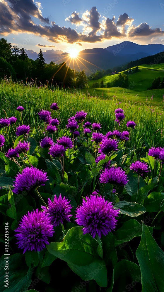Fototapeta premium Vibrant purple thistle flowers in mountain meadow at sunset, dramatic sunburst through clouds illuminating green rolling hills and distant peaks in golden evening light.