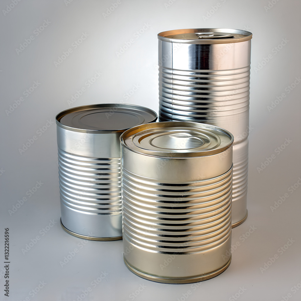 Stacked metallic food cans with lids and textured surfaces in a clean, professional setting Stacked metallic food cans with lids and textured surfaces in a clean, professional setting