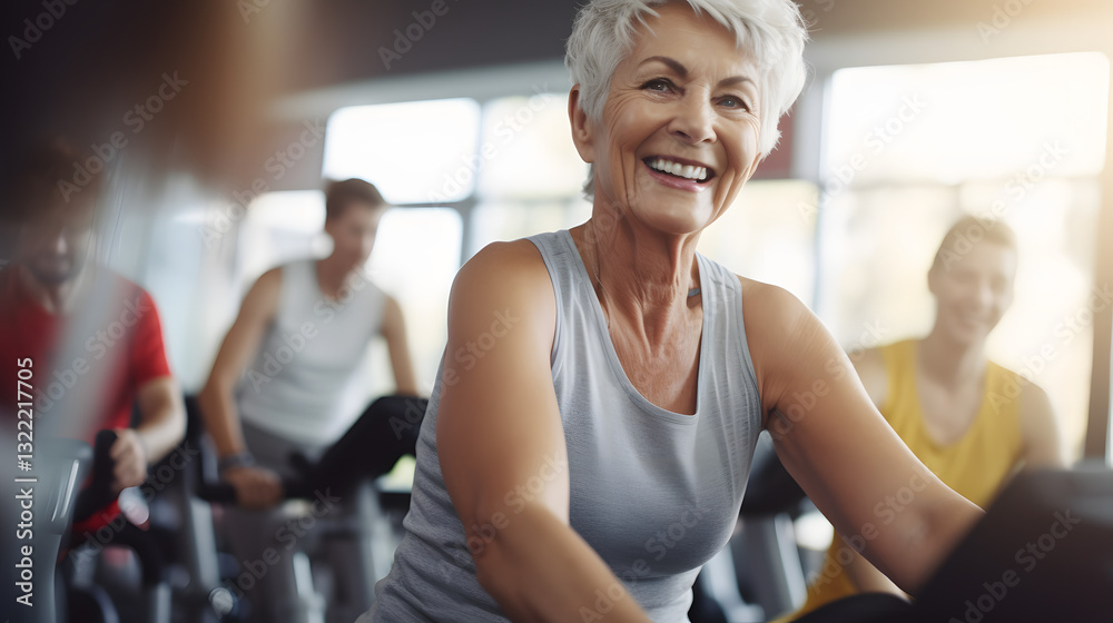 A woman is smiling while riding a stationary bike A woman is smiling while riding a stationary bike