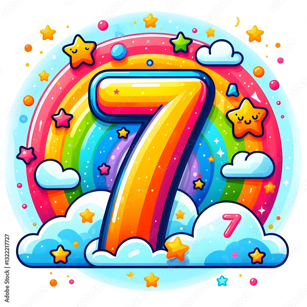 Naklejka premium Number seven with rainbow, clouds and stars celebrating seventh birthday